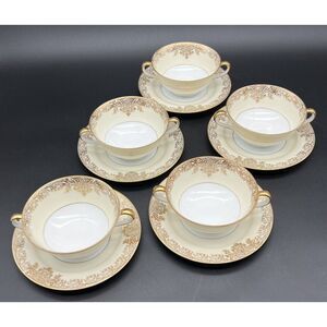 Noritake China Galavan Double Handle‎ Cup And Saucer Set Of 5 Handpainted Japan